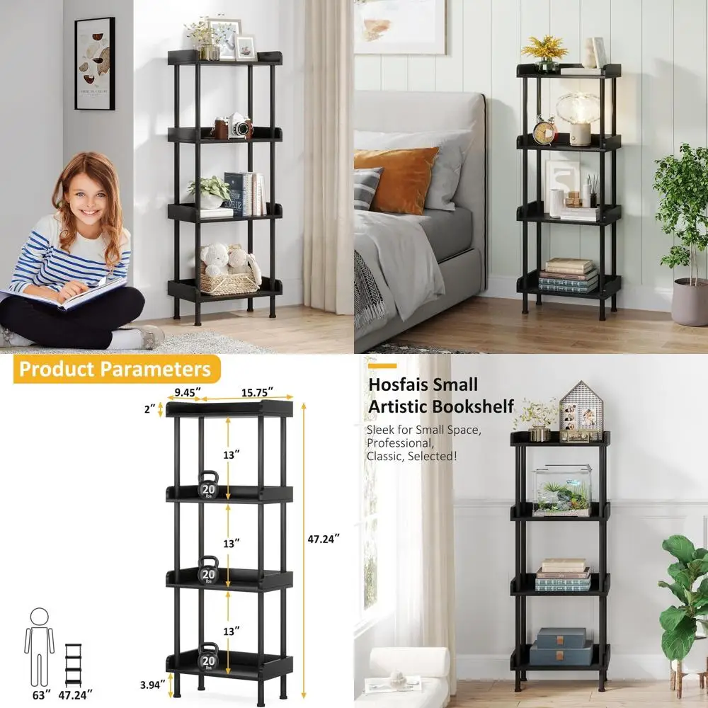 

4-уровневая черная деревянная книжная полка в деревенском стиле — органайзер для хранения вещей для гостиной и спальни