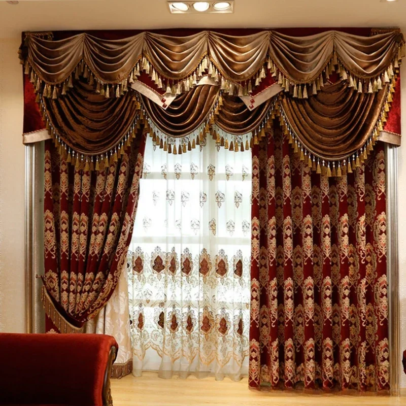 Imagem -02 - Luxo Americano Red Chenille Cortinas Sala de Estar Sala de Jantar Quarto Jacquard Blackout Cortina Europeia Tulle Valance Personalizado