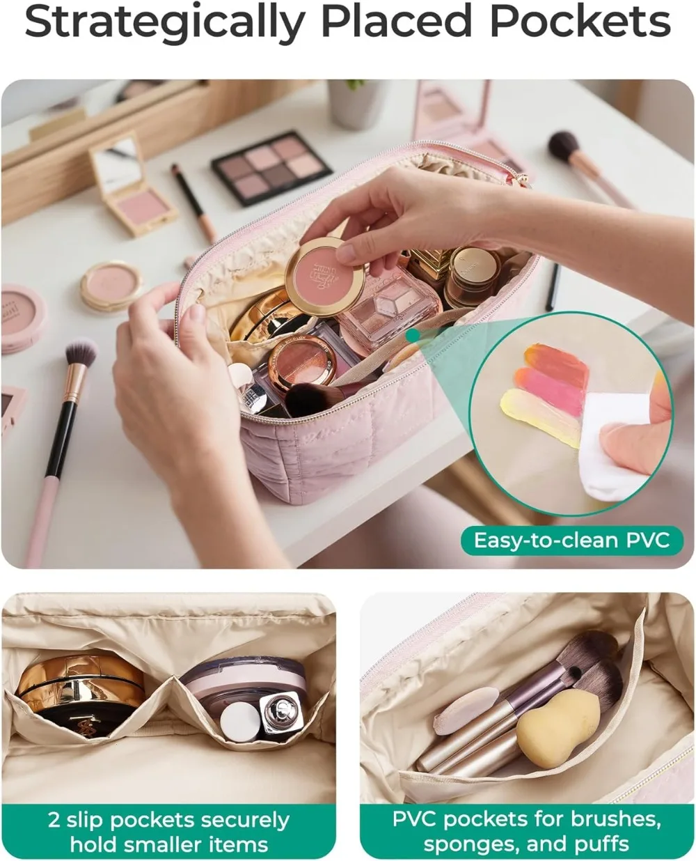 Puffy Makeup Bag Travel Toiletry Organizer, Wide-open Pouch for Cosmetics & Brushes, Pink view 4