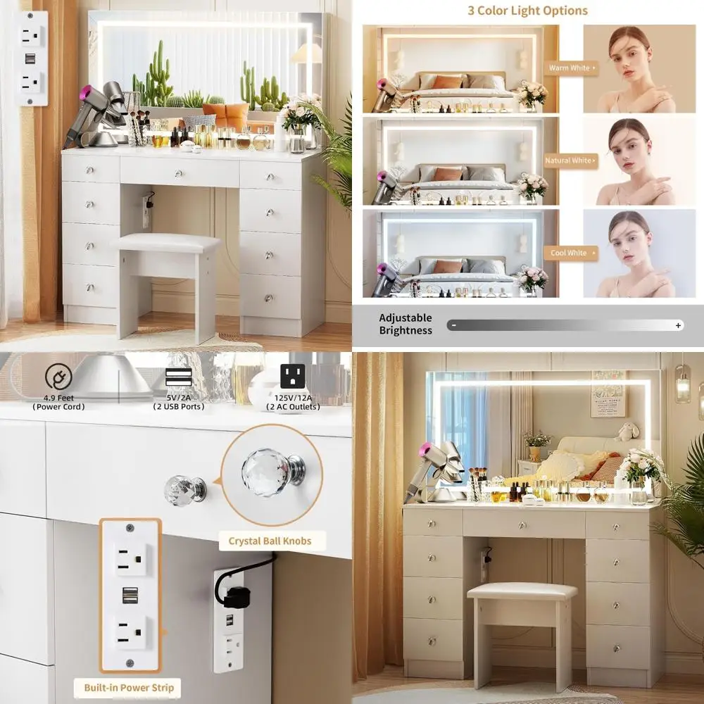 Illuminated Vanity Makeup Desk with 9 Drawers, Adjustable 3-Color Light and Power Outlet