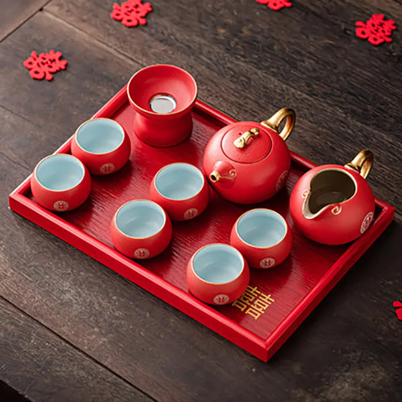 Ceramic Portable Travel Tea Set, Porcelain Kungfu Teapot, Red Teacups with Gift Box, Wedding Party, Marriage, Newlywed Supplie