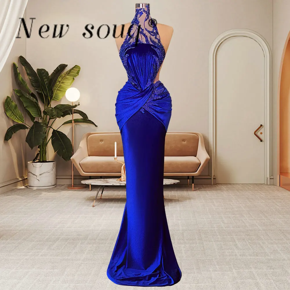 

Royal Blue Velvet Mermaid Evening Dresses Beaded High Neck Long Prom Dress Sexy Women Pageant Party Gowns for Wedding Robes