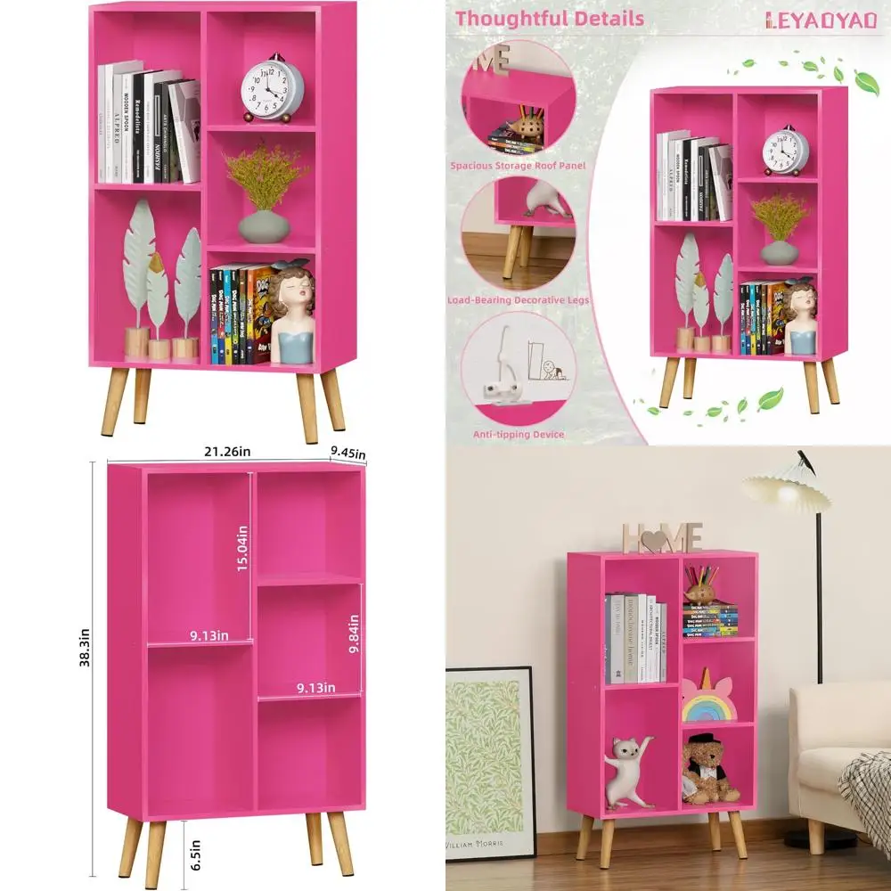 رف كتب للأطفال باللون الوردي مكون من 3 طبقات مع أرجل، منظم تخزين لطيف، رف ألعاب مفتوح قائم بذاته لغرفة اللعب