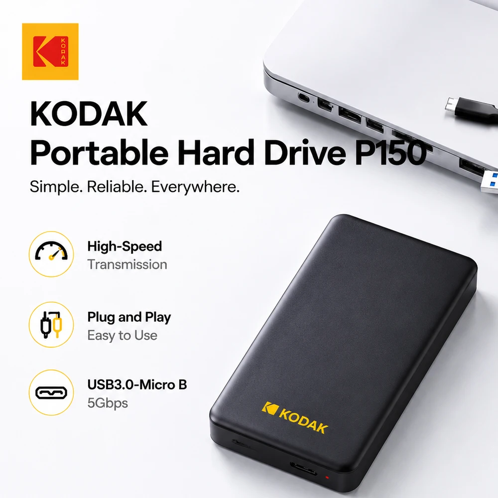 Kodak P150 Portable External Hard Drive 500GB 1T USB3.0 Lightweight PHDD for PC Tablets PS5 XBOX Laptop Desktop