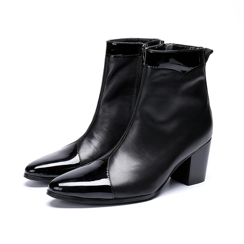 

7.5cm high-heeled pointed men's boots with fashionable height increase, men's casual British black soft leather side zipper