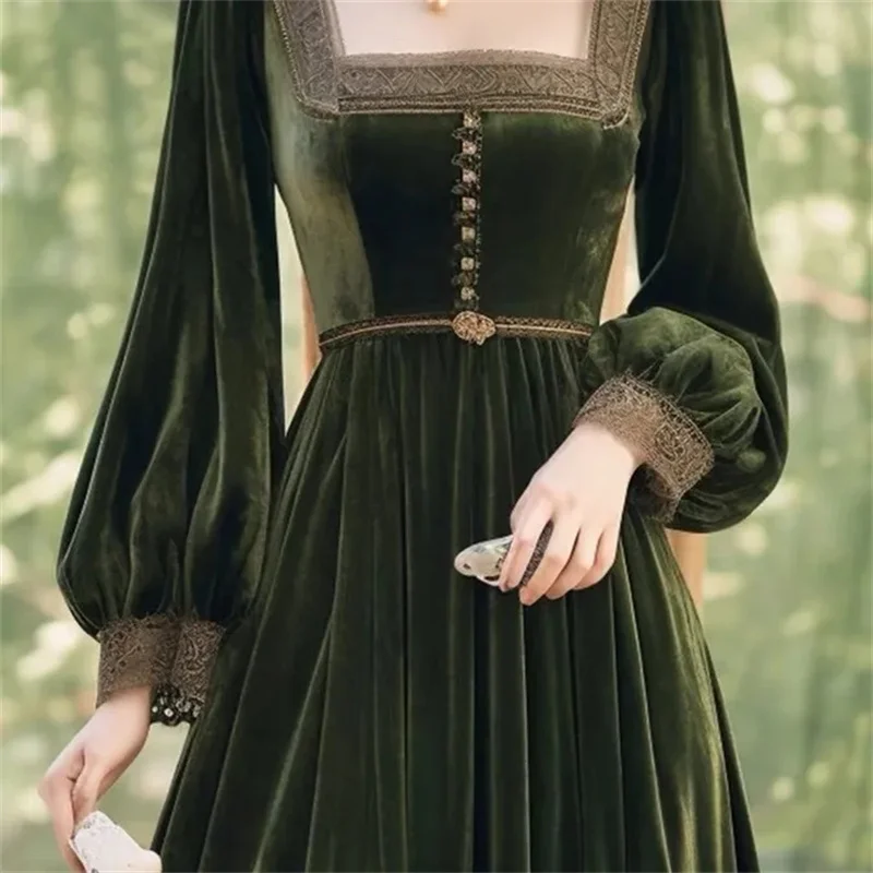 Autumn Green Vintage Velvet Dress Women Clothing 2024 New Fashion Evening Party Maxi Dress Ladies Long Sleeved Dresses Vestidos