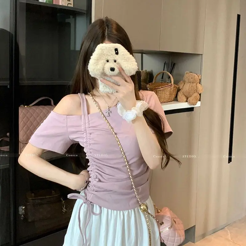 Sweet One Shoulder Drawstring Short Sleeve T Shirt Women Summer Off Shoulder Top Elegant Sexy Solid Color Cropped Basic Blouse