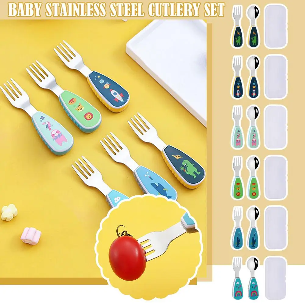 NEW High Quality 2Pcs Toddler Utensils Cute Toddler Fork Cartoon Utensil Creative Spoon Stainless And Handle Short Feeding Z4Z0