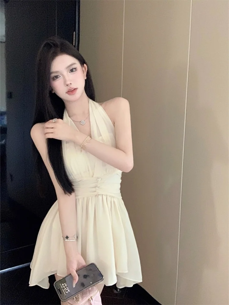 E Vestido Blanco de Gasa con Cuello ter para Mujer, Ajustado a la Cintura, Estilo Sexy y Puro, Sin Mangas, Línea A,...