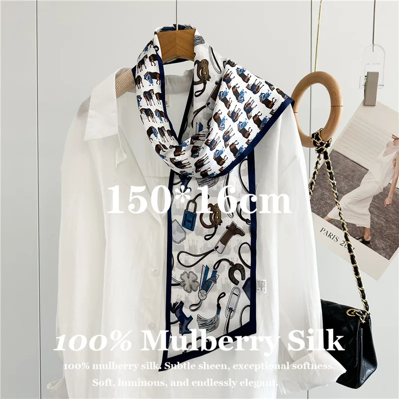 

100% Mulberry Neckerchief Silk Ribbon Vintage Fashion Print Large 150x16cm for All Seasons Fashion for Women Girl Hairband Hijab