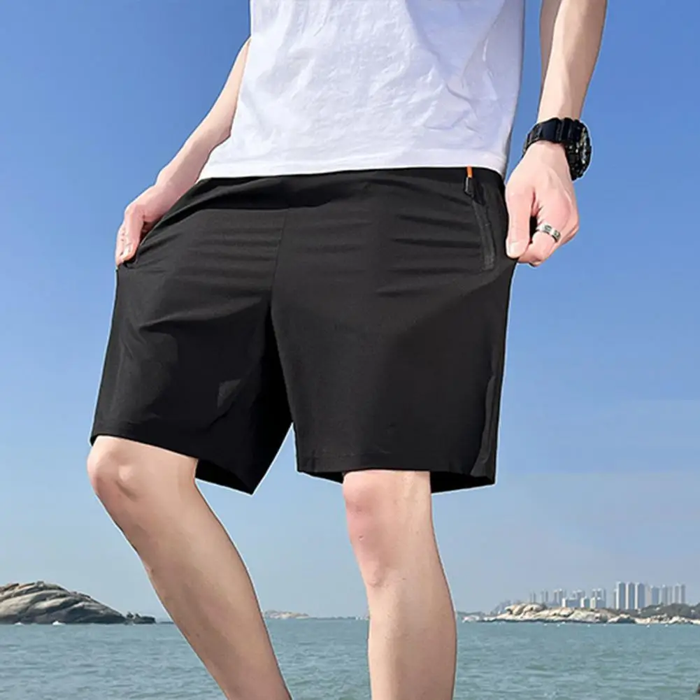 Men Running Shorts Retro Thin Men's Sport Shorts with Zipper Pockets Elastic Waist Above Knee Length for Casual Daily Wear