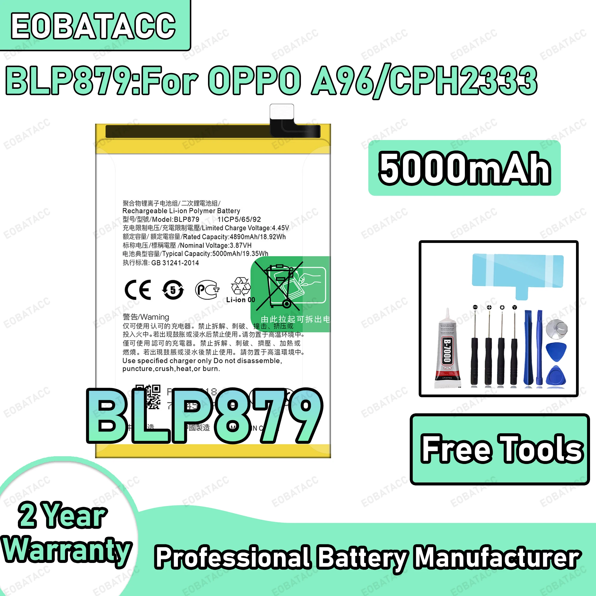 

5000mAh 100% New BLP879 Battery For OPPO A96/CPH2333 Replacement Bateria+Free Tools