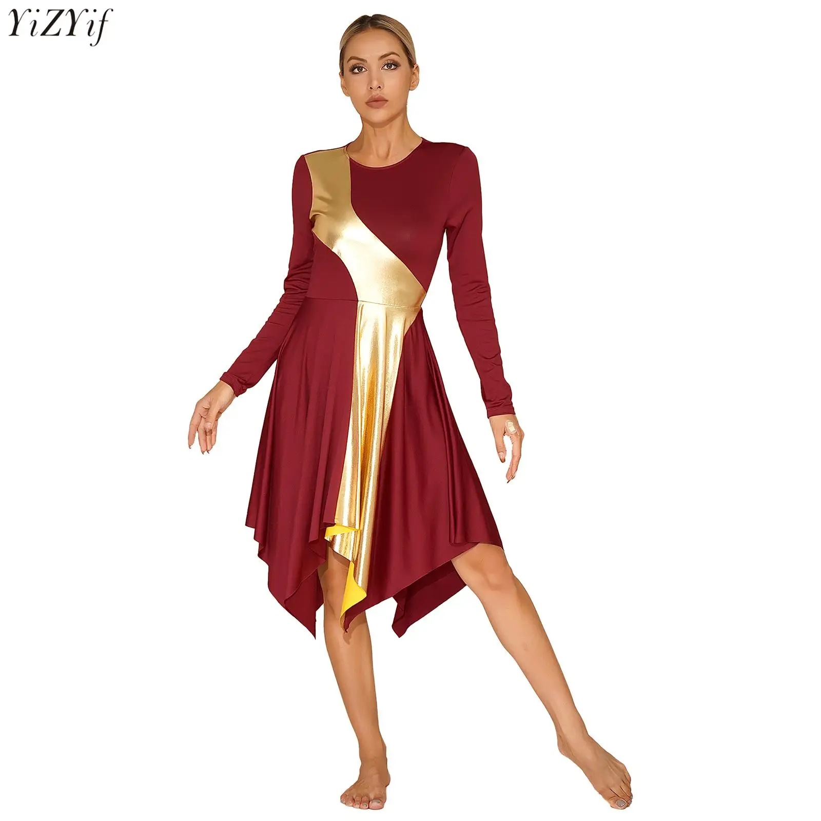 

Womens Church Worship Lyrical Dress Contrast Color Patchwork Asymmetrical Long Sleeve Dresses Praise Dance Performance Costumes