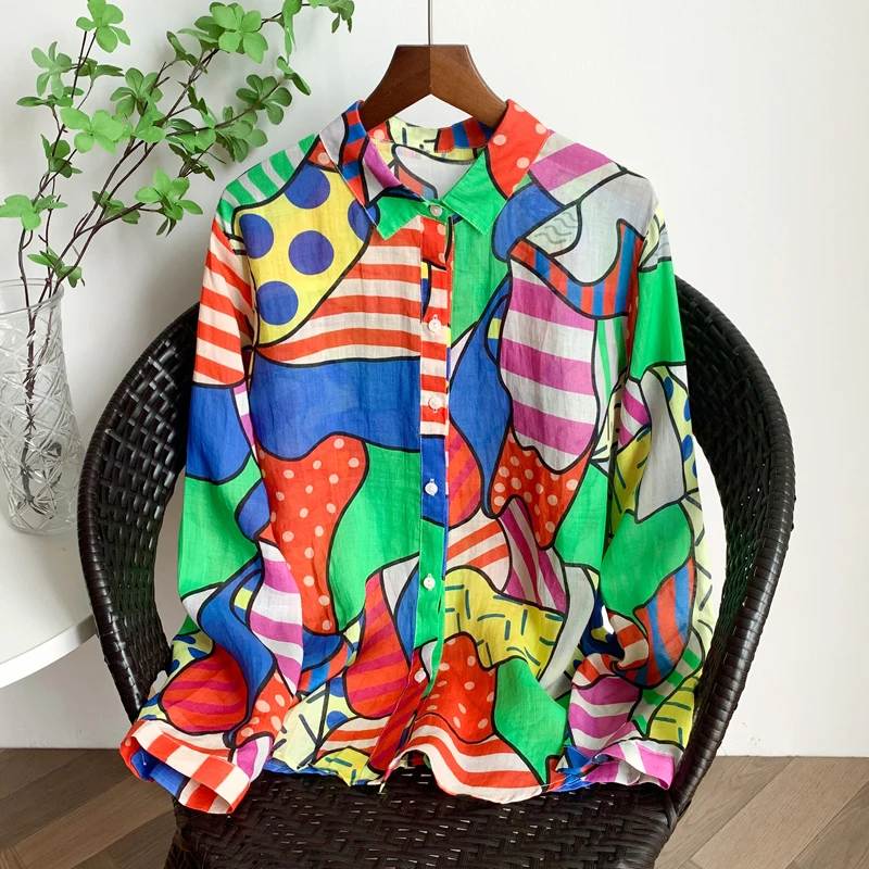 

Новая весенняя повседневная свободная рубашка с длинным рукавом и цветочным принтом, простой универсальный базовый дизайн, женская, из смесового хлопка и полиэстера, с защитой от солнца...