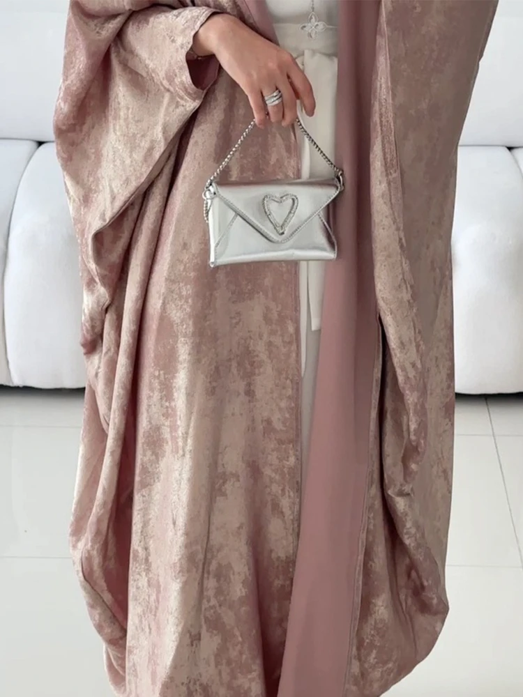 Eid Sliky Abaya na muzułmański strój imprezowy damski Ramadan Abaya rękaw w kształcie skrzydła nietoperza pas marokański Kaftan Vestidos Largos