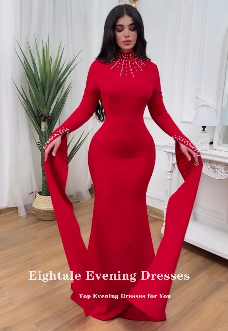 Eightale Arabische avondjurk hoge hals kralen lange mouwen aangepaste zeemeermin moslim bruiloft feestjurk vestido de noche