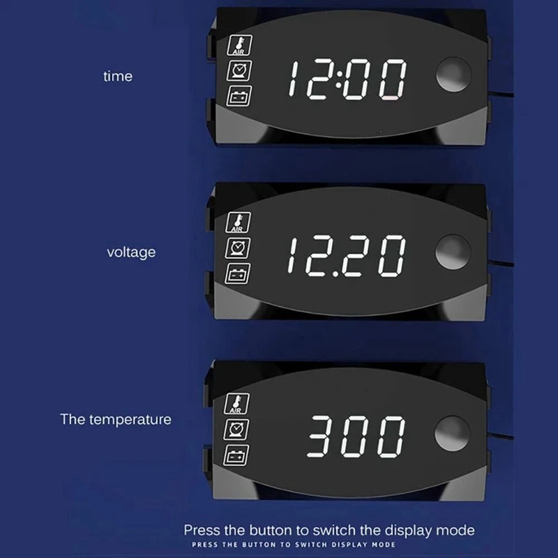 LCD Display Voltmeter Waterproof IP67 Digital Time Clock for Motorcycle Scooter Car Boat Thermometer,Blue Light-A75P