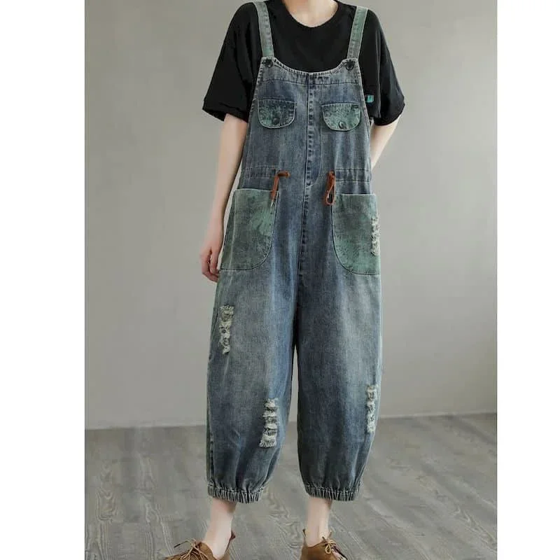 Denim Jumpsuits Loose Casual Emaciated Personality Hole Jeans Korean Fashion Printing Rompers One Piece Outfits Women Clothing