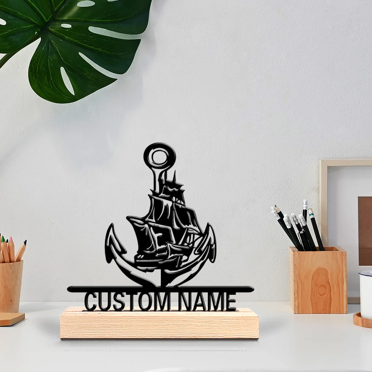 1pc Creative Ship anchor Personalized Letter Metal Statue Handicraft With Wood Base Iron Ornament For Youth Gifts