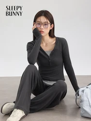 Spring Women Two-Piece Set Casual Slim Fit Long Sleeve T-Shirt & Elastic Waist Pants Fake Layered Design Chic Lounge Outfit