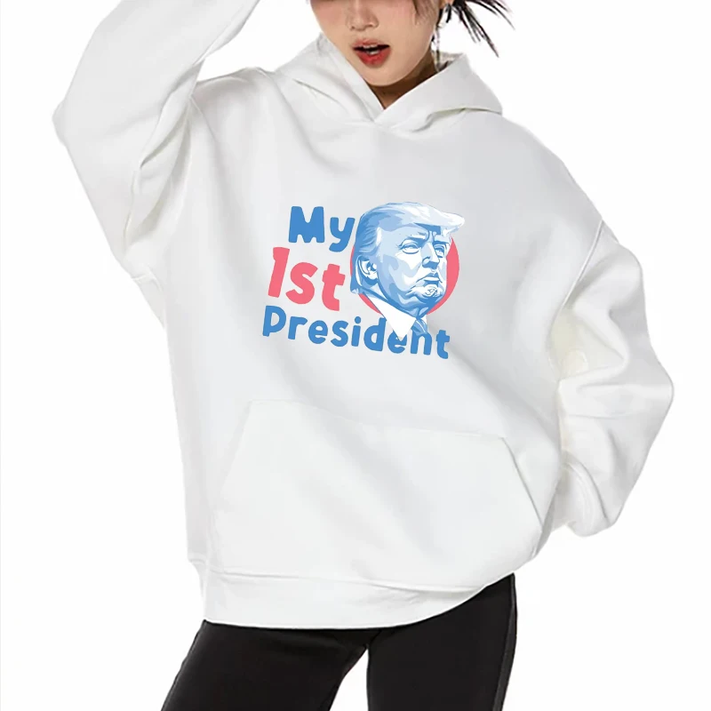 Trump My 1st President Sweatshirts Cartoon Text Pattern New President In 2025 Gifts For Trump Supporters Hoodie