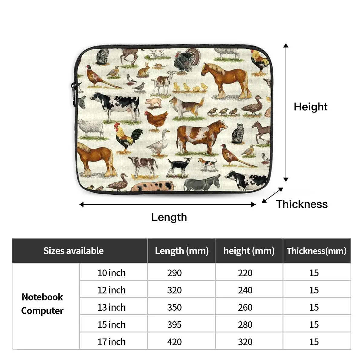 Country Farm Animals Farmhouse Village Pet  Notebook Laptop Bag Case Pouch Notebook Sleeve Cover Bag Tablet Shockproof Case Bag