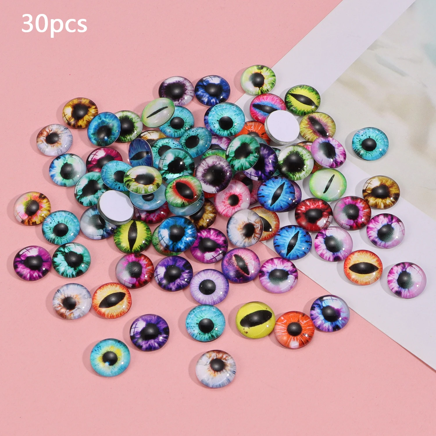 6/8/12/16 mm Puppenaugen, Katzenaugen, Glasaugen, rundes Cabochonauge, gemischt bedruckt, halbrunde Augen, 30 Stück, Mini-Tieraugen für Puppen-Requisiten
