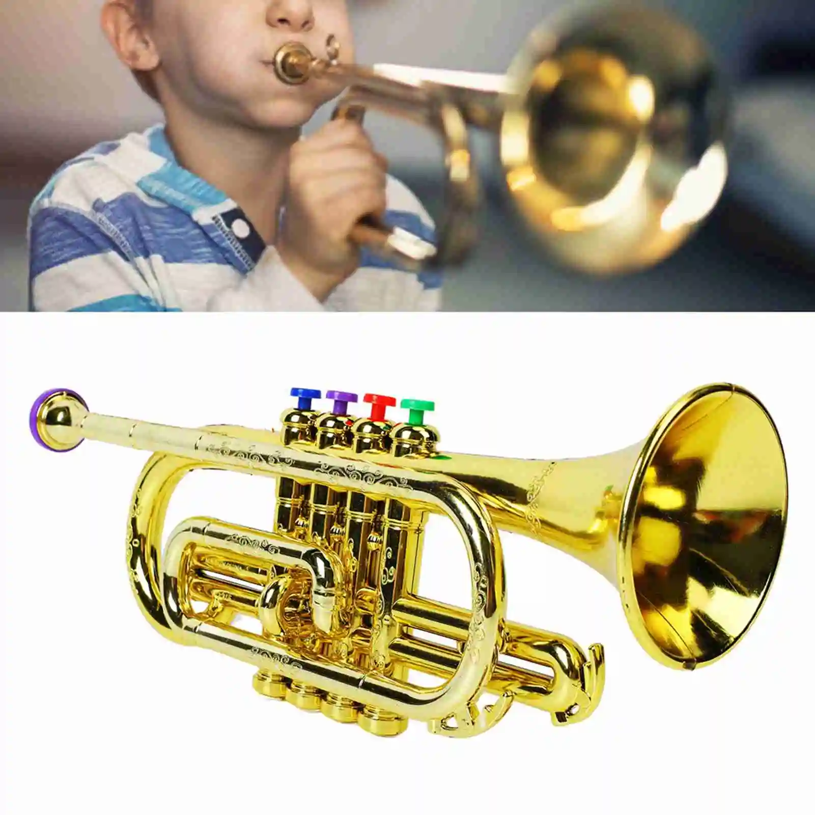 Juguete de trompeta dorado para chico con 4 teclas de colores, juguete de trompeta Musical educativo interesante para niños, juguete de trompeta de 4 teclas de plástico