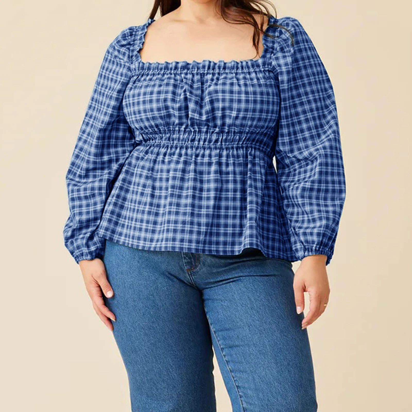 2025 Camisa con estampado a cuadros para mujer, camisetas de manga larga con cuello cuadrado de talla grande, ropa de calle, camisetas holgadas de gran tamaño para verano