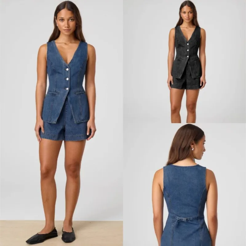 Women's Denim Shorts Suit Sleeveless V Neck Single Breasted Split Top Vest High Waist Wide Leg Shorts Summer 2026 Lady Sets