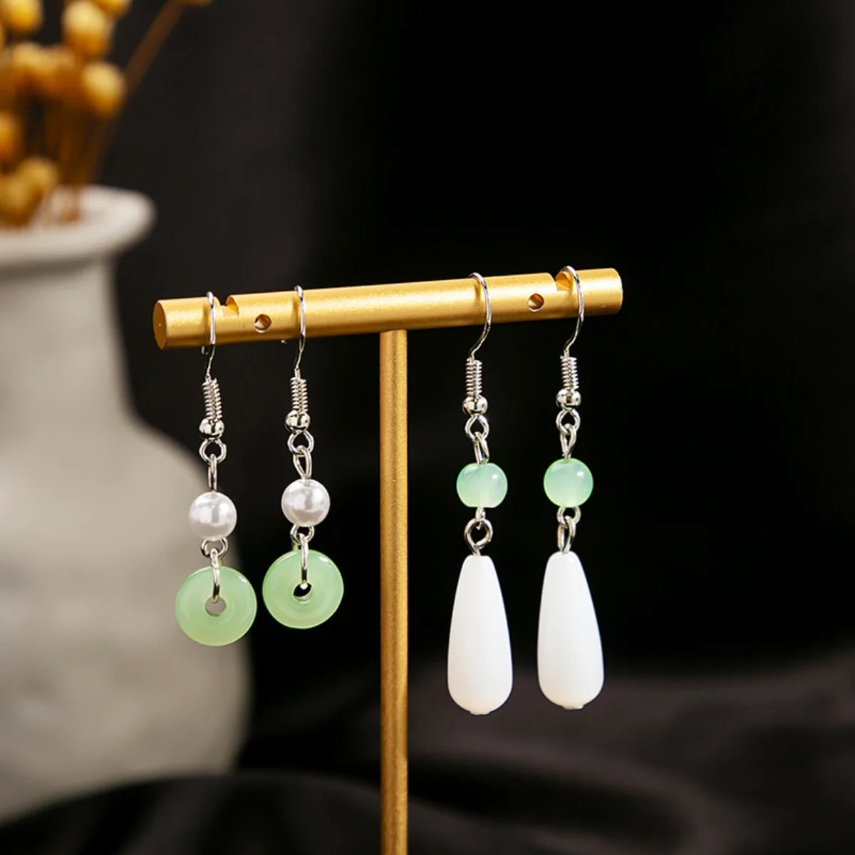 Vintage Chinese Jade Pearl Pendant Earrings for Women Traditional Water Drop Fan Shaped Luxury Jewelry Hanfu Accessories Gifts