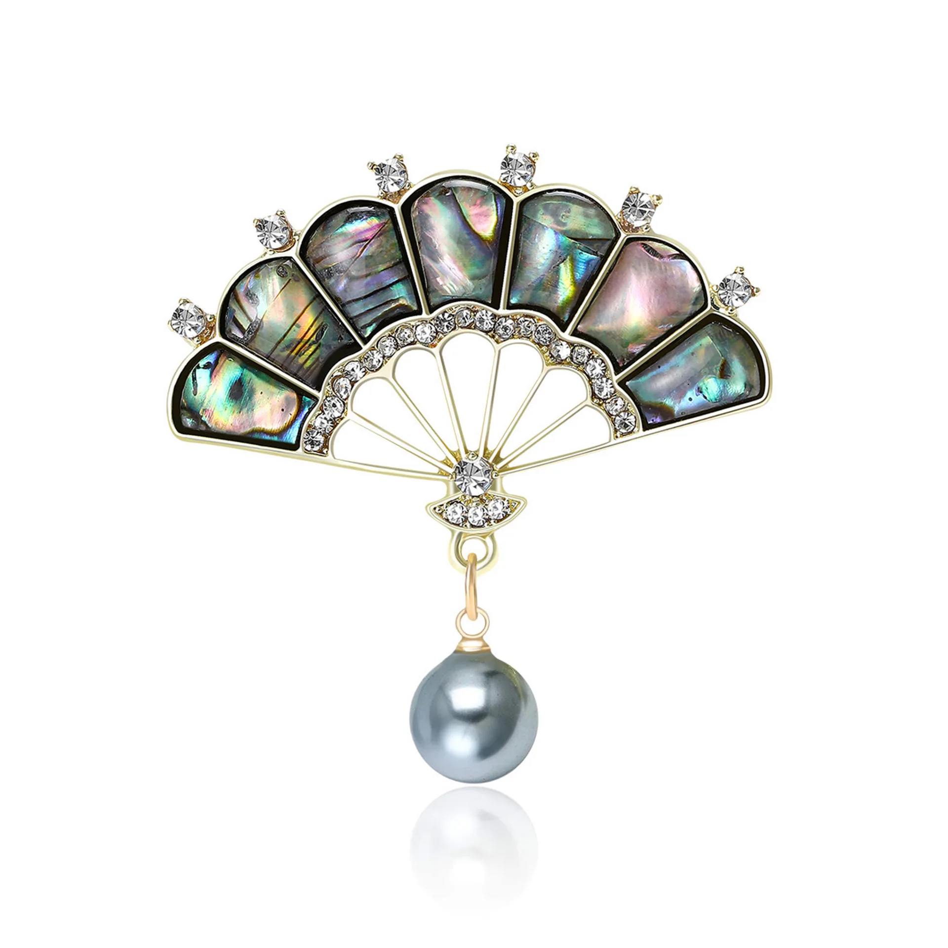 Fan-shaped Brooch Classic Rhinestone Shell Elegant Pin Style Badge Decoration Craft Gift for Men and Women 1PC