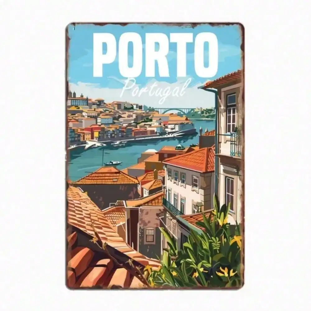 Letrero metálico de viaje de Porto, Portugal | Póster Vintage de la Ciudad para Decoración de Pared de Cocina o Bar, Regalo