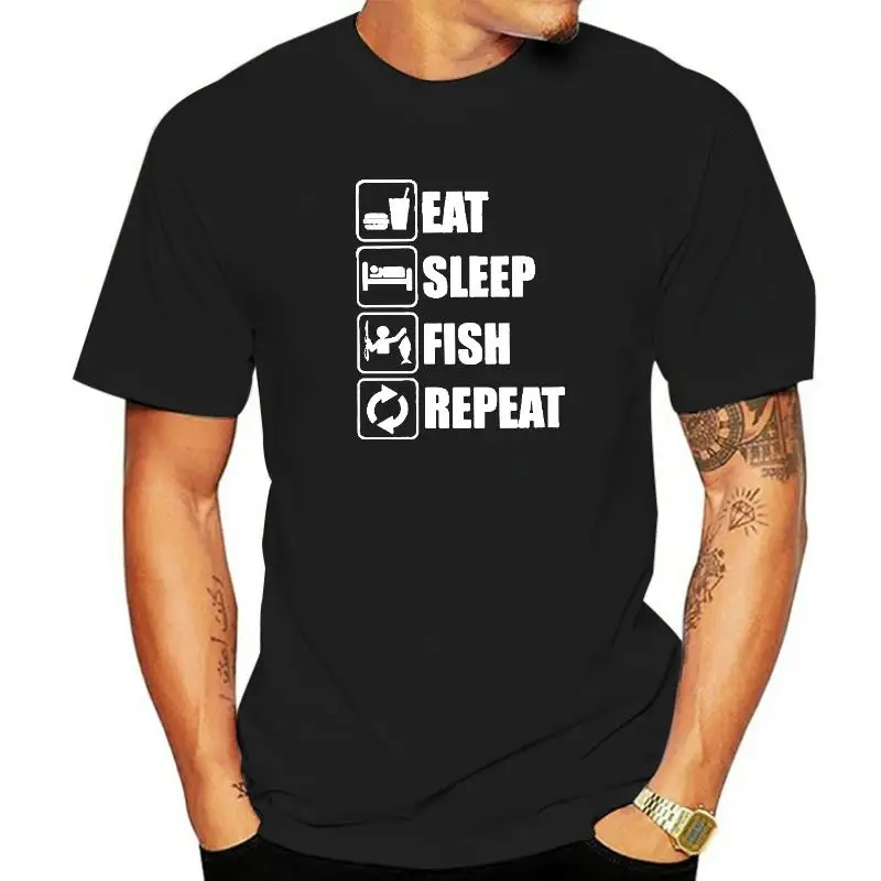 Eat Sleep Fish Repeat Men Tops T Shirt Fish Bass Funny Premium Cotton Fitness Tees Round Neck T-Shirt for Men