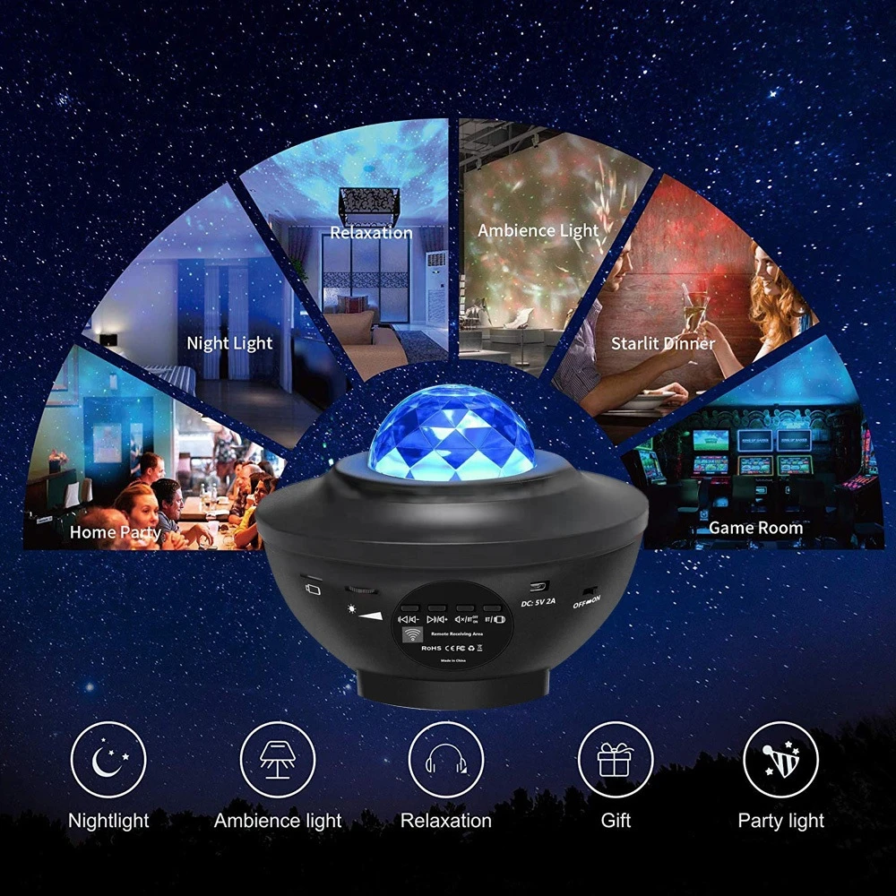 USB Projector Galaxy Night Light, Ocean Wave Music Speaker, Decoração do quarto do céu, Lâmpadas do quarto