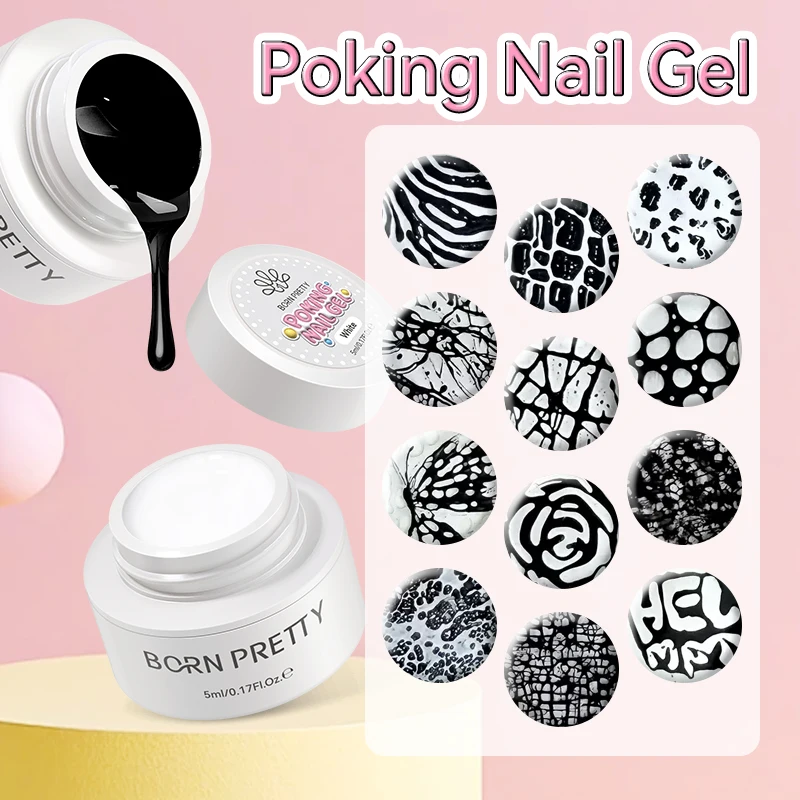

BORN PRETTY 5ml Nail Poke Gel Nail Polish White Black Wave Texture Lace Hole Nail Art Painting Sculpting Soak Off UV Varnish