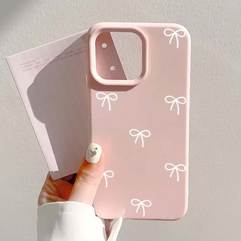 White And Pink Bow Love Heart Print Cute Phone Case For iPhone 17 AIR 16 15 14 13 12 11 Pro MAX Plus Y2K Shockproof Soft Cover