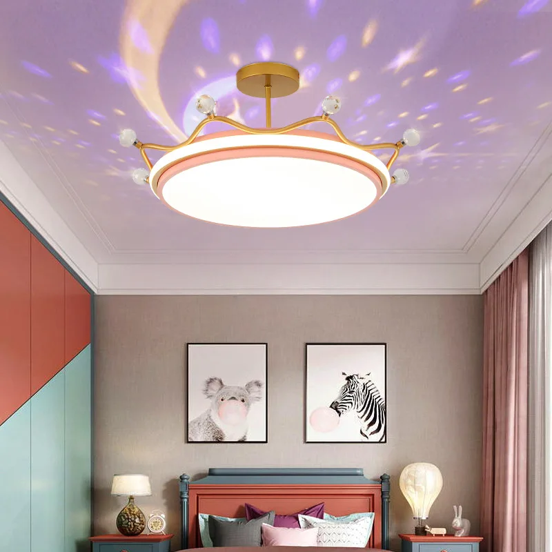 New Princess Style LED Ceiling Light with Crown and Starry Sky Design for Children Boys Girl's Room Decoration Dimmable  Lustres