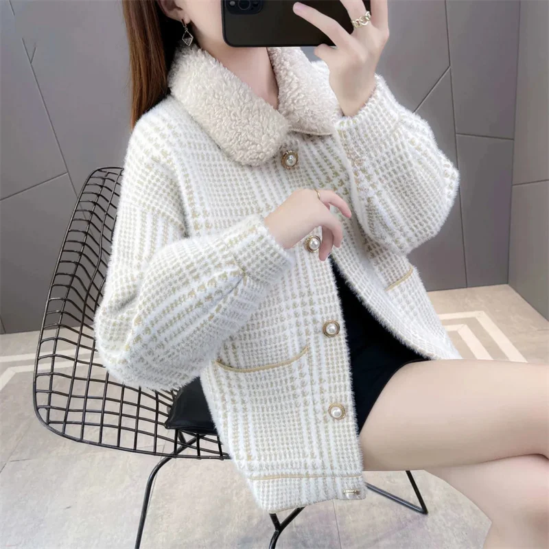 Women Jacket Imitation Mink Velvet Coat New Women\'s Autumn And Winter Loose lattice Knitted Cardigan Female Woolen Coat