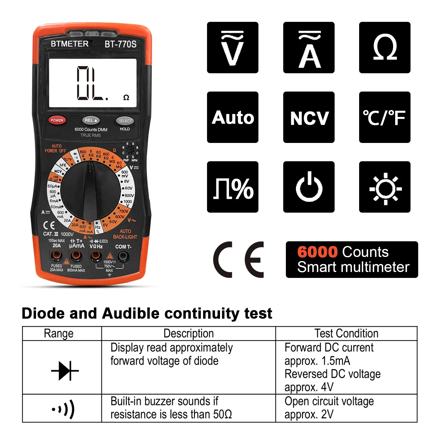 

Digital Multimeter BT-770S 6000 Counts Manual Ranging,Accurately Measure for AC/DC Voltage Tester/NCV, Resistance BTMETER