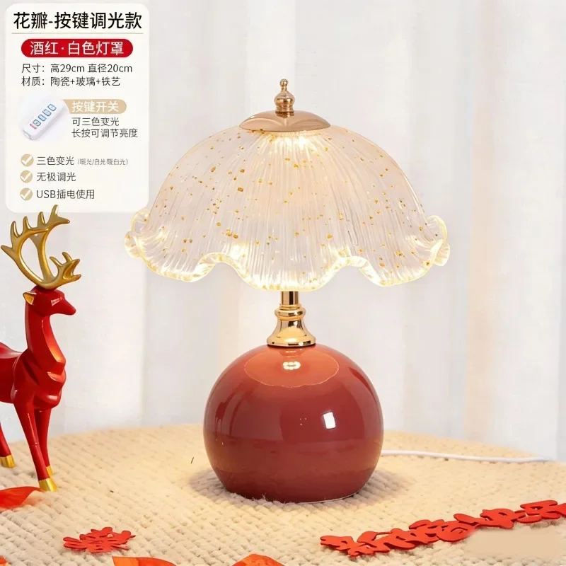 Retro Ceramic Base Desk Lamp Ruffled Gold Fleck Glass Shade Accent Table Light Study Room Entryway Bedside Decoration