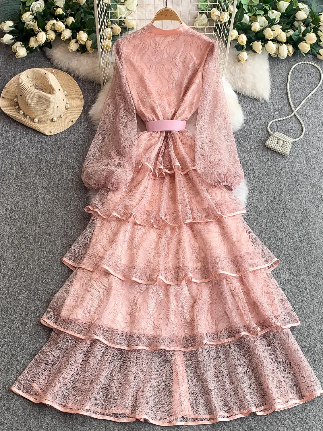 Vestido F E de Renda Floral com Manga Longa e Gola Alta, Estilo Camadas, Cintura Alta, Estilo Coreano, para o D...