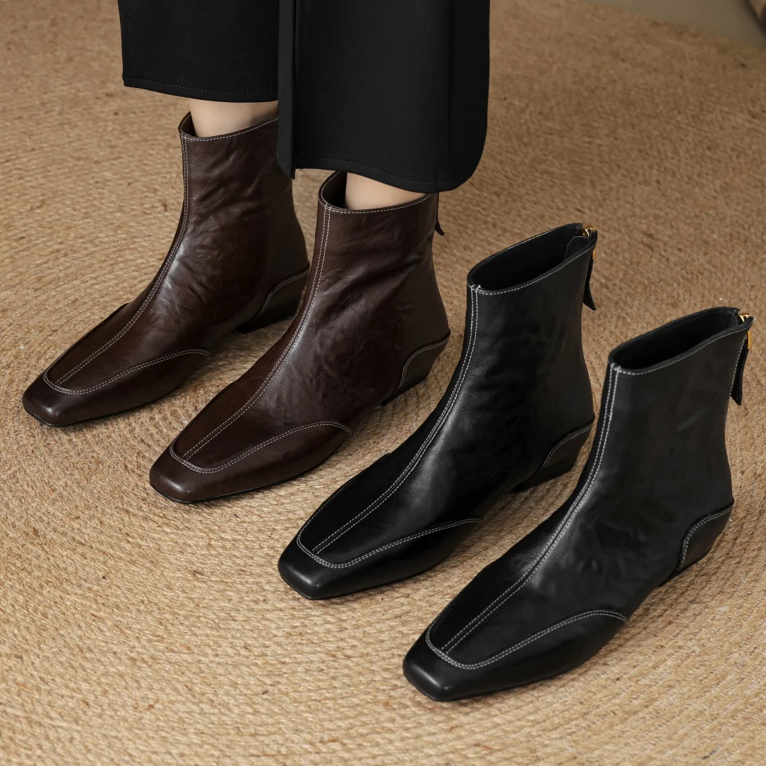 

Danxuefei женские осенние ботильоны из овчины с квадратным носком и молнией сзади, повседневные женские короткие ботильоны на плоской подошве 3 см