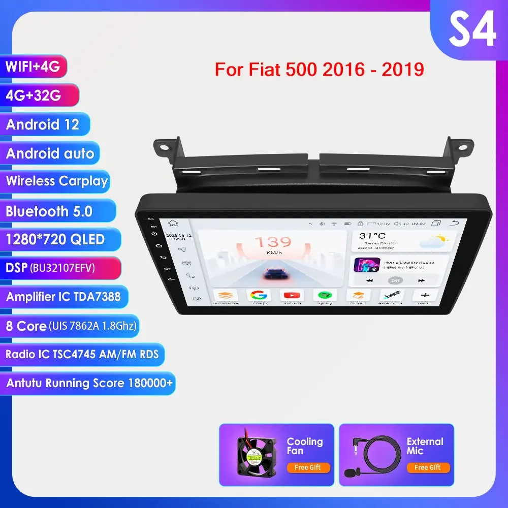 Hizpo 9 ''Draadloze Carplay Android Auto Auto Multimedia Speler Voor Fiat 500 2016 2017 2018 2019 Carplay 4G Autoradio 360 ° Camera