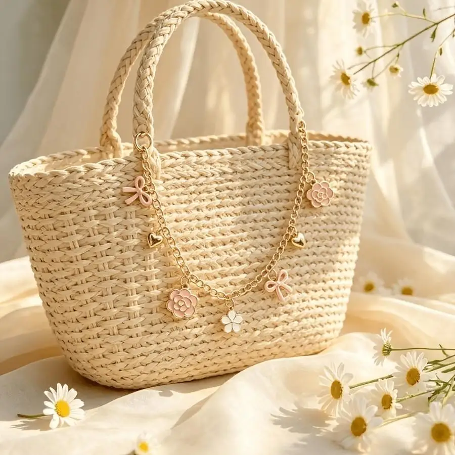 1/5/10/20/50/100pcs 1 pc/2 pcs Chain Bag Charm with Sweet Pink Heart Bow, Decorative Gold Bag Strap Extender, Cute Floral Charm