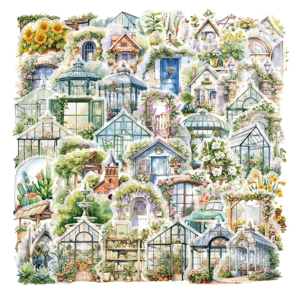 50PCS Creative Garden Hut Small Fresh PET Decorative Stickers Hand Account Phone Case Waterproof Stickers