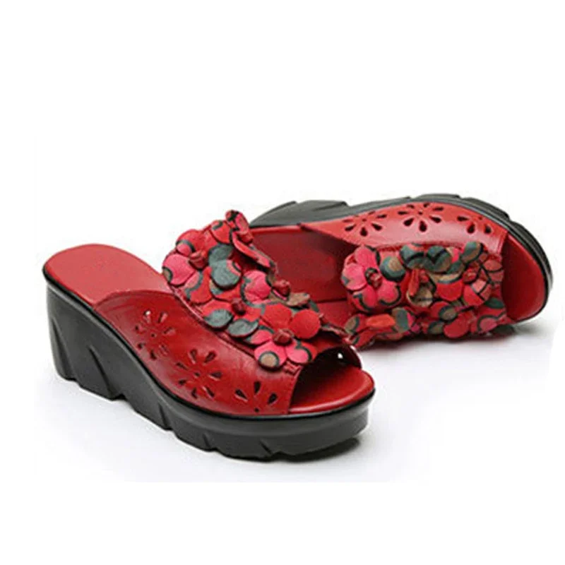 BEYARNESummer Women Shoes Wedges Slippers Platform Sandals Genuine Leather Handmade Flower Hollow Comfortable Women SlidesE784