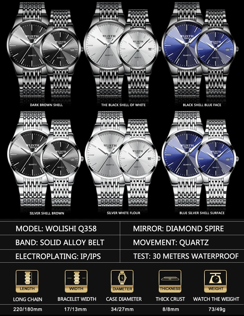 Wlisth Top Brand Luxury Men Lady Lovers orologio da uomo in acciaio inossidabile impermeabile completo orologio da polso al quarzo ultrasottile Relogio Masculino