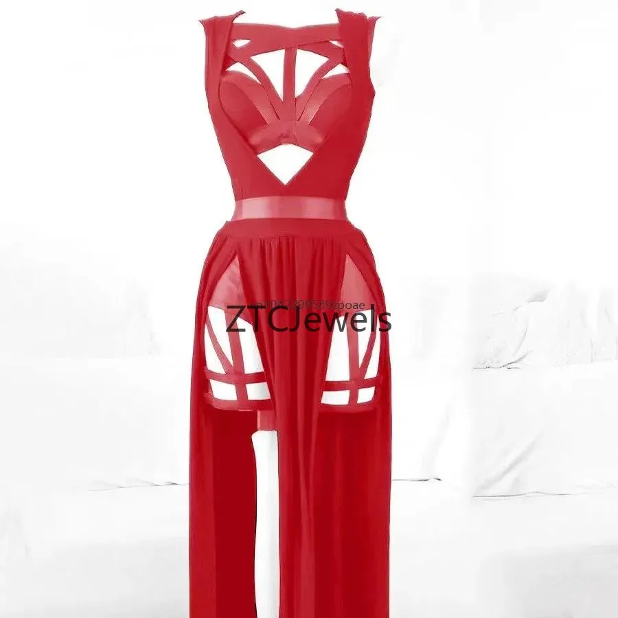 Gothic Red Bandage Hollow Out Cosplay Costume Set  Women Lingerie Party Dress with Chest Pads
