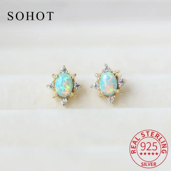 Classic Real 925 Sterling Silver Zircon Opal Star 14K Gold Stud Earrings For Women Cute Fine Jewelry Accessories Drop Shipping